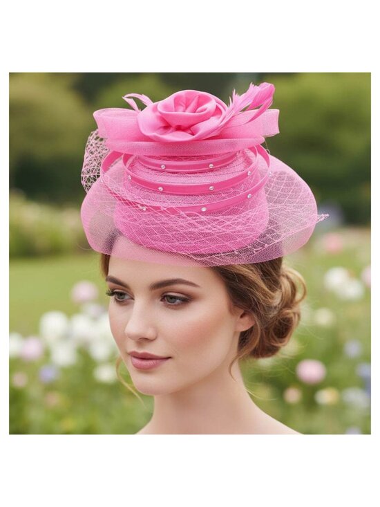 Tigerstars Pink Floral Feather Rhinestone Mesh Veil Fascinator Dress Hat